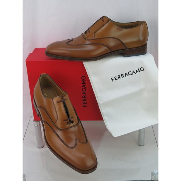 NIB FERRAGAMO CORIAN BROWN TAN BROGUE LEATHER OXFORDS 8 EE - Picture 1 of 12
